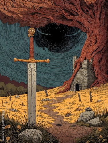 A knight's sword, partially buried in the earth, amidst a swirling vortex of wind and rain - remnant buried conflict hilt