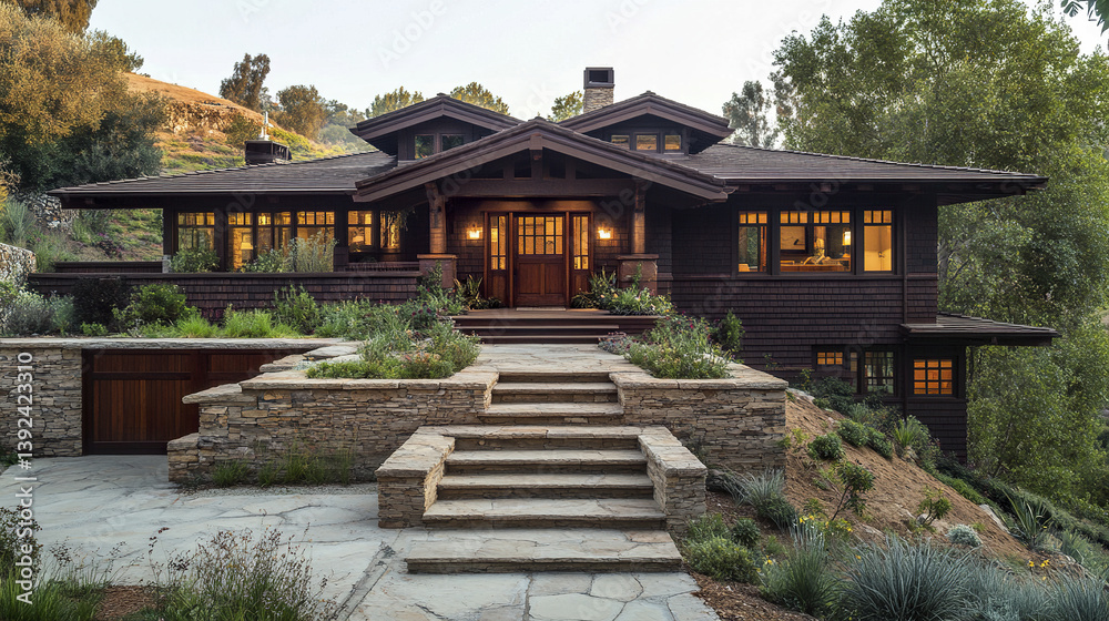 Elevated Craftsman bungalow with earth tone palette and lush surroundings Elevated Craftsman bungalow with earth tone palette and lush surroundings
