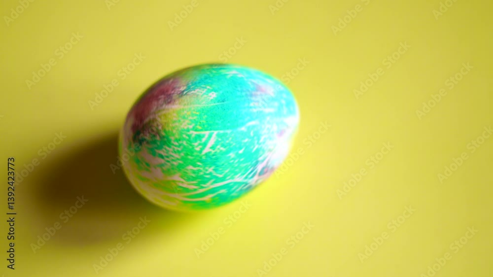 bright colored chicken painted religious easter egg lies on bright yellow background and spins and rotates and slowly stops, egg spun