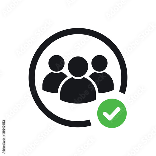 User group icon with check mark, black silhouette of people in a circle representing verified community or approved team