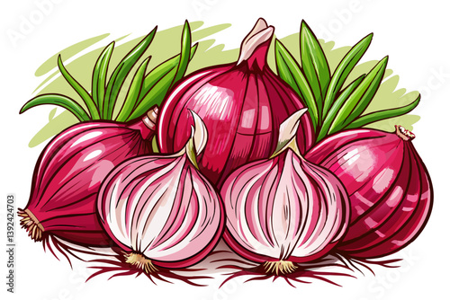 Prized for its sweet and spicy flavor, fresh red onions vector of from an Italian market are widely used in Mediterranean salads, sauces and traditional Italian dishes.