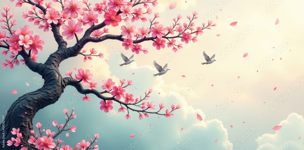 Fototapeta premium Intricately designed floral tree branches featuring various birds in flight amidst a backdrop of soft pastel hues, motif, tree