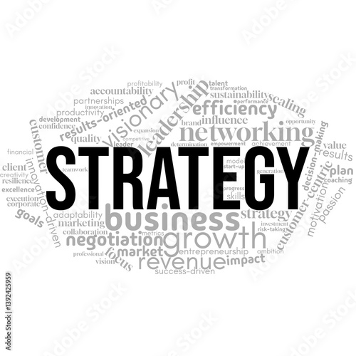 dynamic word cloud centered on strategy, showcasing key concepts related to planning, decision-making, and achieving long-term success. Perfect for representing strategic thinking in business, leaders
