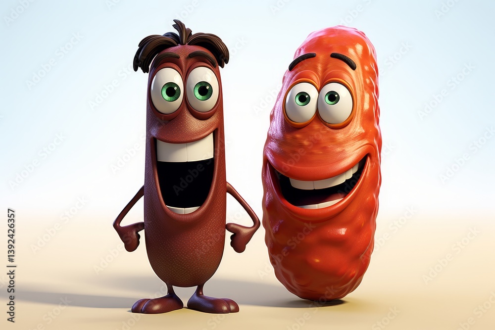 Fototapeta premium Two humorous sausages showcase their charms on a clean white background in a close up view