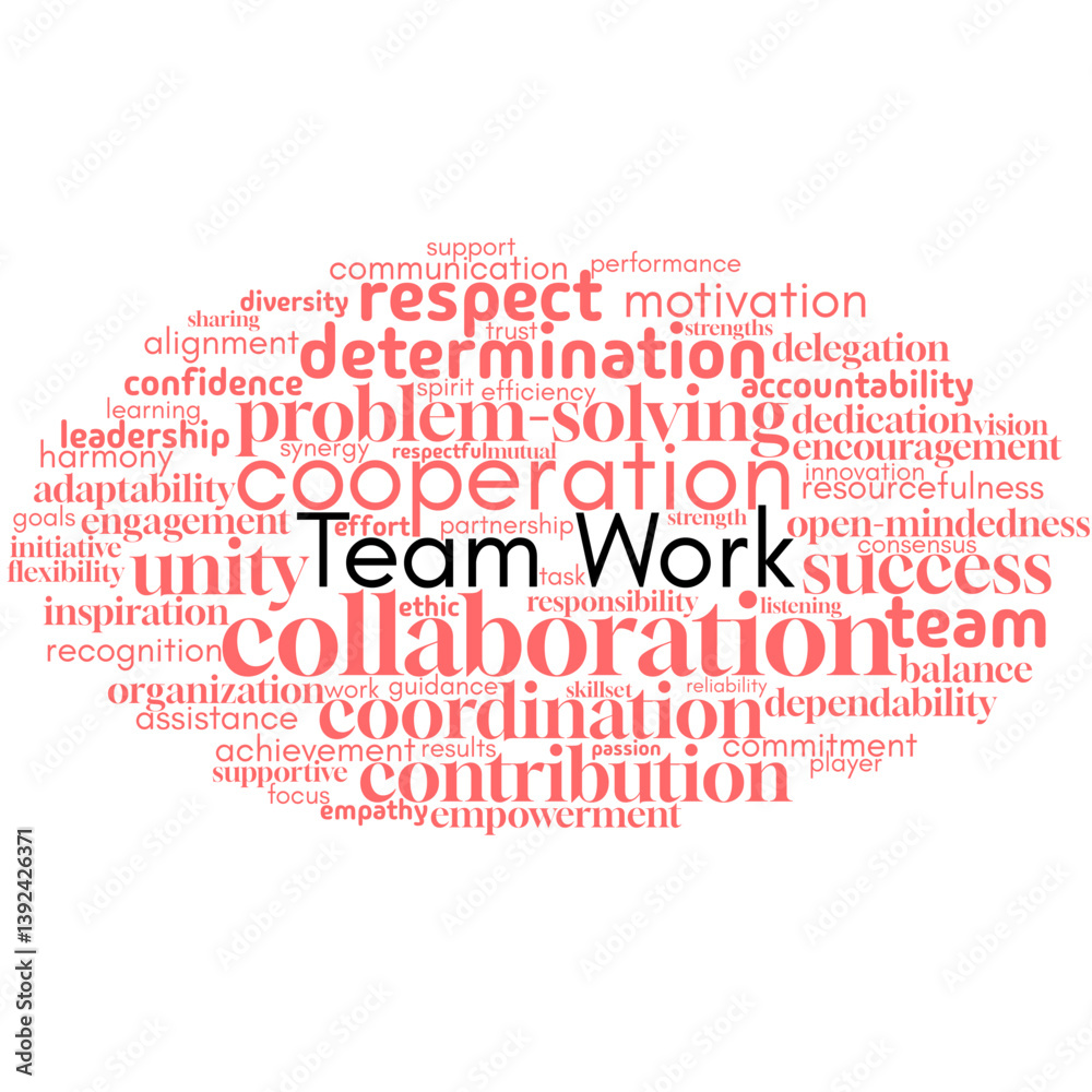 An energizing word cloud focused on teamwork, emphasizing collaboration, cooperation, and mutual support. Perfect for illustrating the power of unity, collective effort, and shared success in professi An energizing word cloud focused on teamwork, emphasizing collaboration, cooperation, and mutual support. Perfect for illustrating the power of unity, collective effort, and shared success in professi