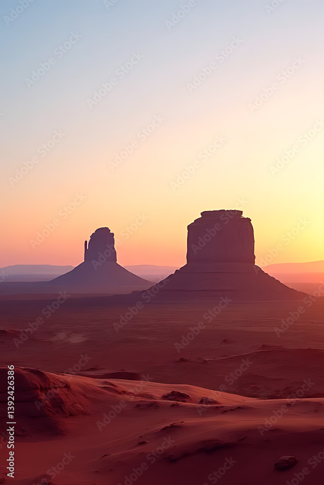 Beautiful pastel sunrise over Monument Valley desert landscape, soft pink and orange hues in the sky, sandstone buttes casting long shadows Beautiful pastel sunrise over Monument Valley desert landscape, soft pink and orange hues in the sky, sandstone buttes casting long shadows