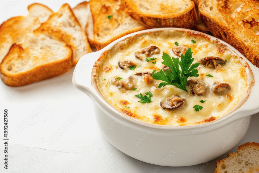 Overhead capture of a steaming bowl of clam chowder served with fresh bread for a comforting meal experience