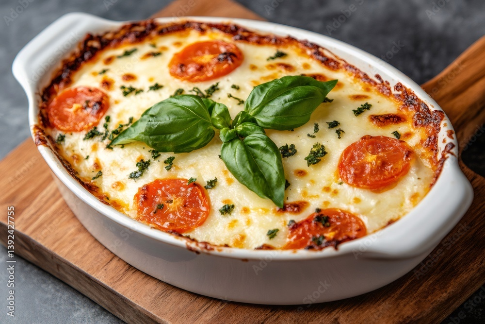Delicious potato gratin with cherry tomatoes and basil enjoying a rustic presentation Delicious potato gratin with cherry tomatoes and basil enjoying a rustic presentation
