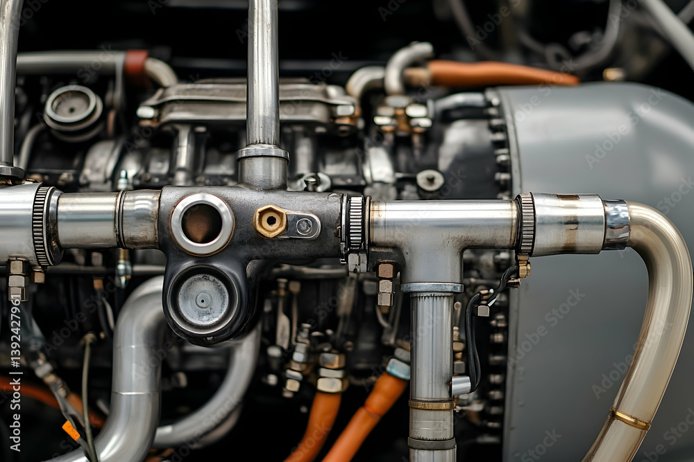 Close up view of a complex engine and metal pipes Close up view of a complex engine and metal pipes