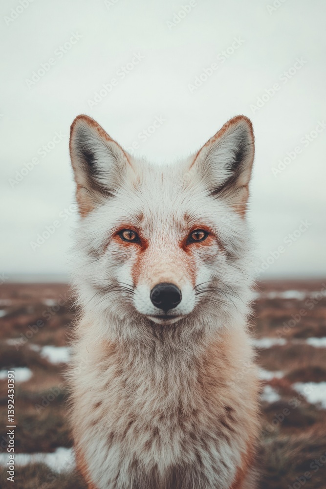 Fototapeta premium Climate Resilience Narrative Arctic Fox in Transformative Landscape - Eco-Conscious Wildlife Exploring Natures Adaptive Survival Strategies