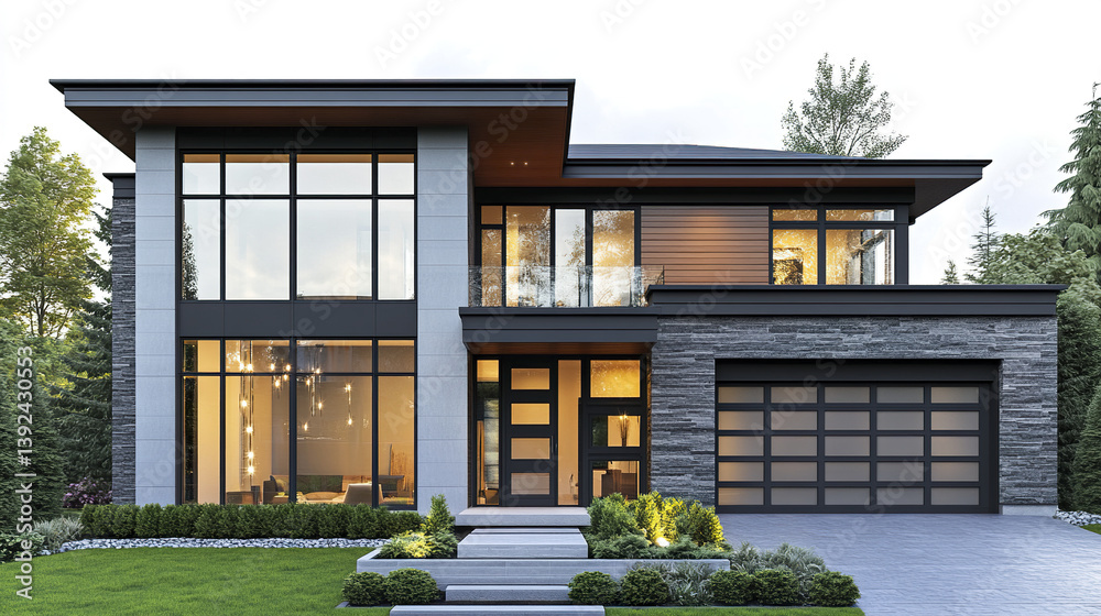 Fototapeta premium Modern suburban house with glass accents and stone facade