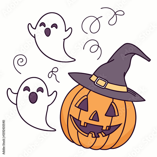 Halloween Ghosts with Classic Jack-o'-Lantern and Witch Hat – Spooky Glowing Face Vector Design