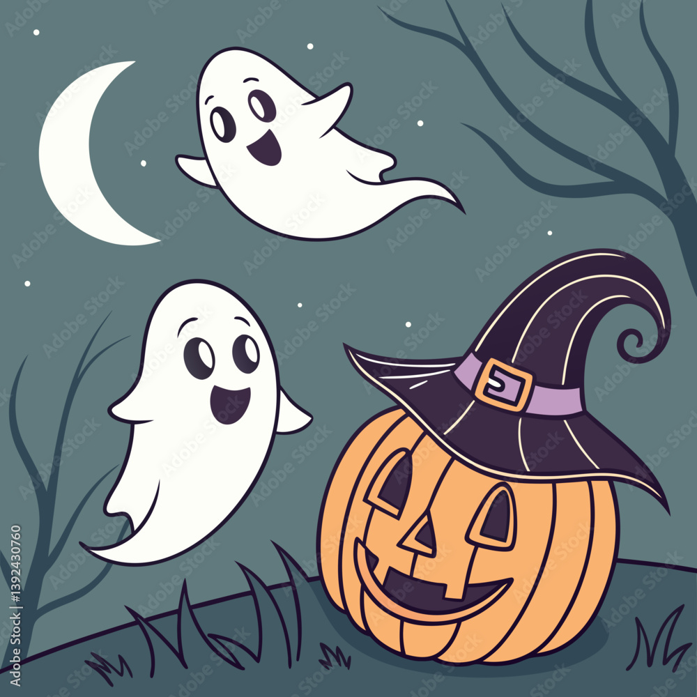Fototapeta premium Halloween Ghosts with Classic Jack-o'-Lantern and Witch Hat – Spooky Glowing Face Vector Design