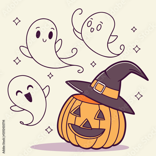 Halloween Ghosts with Classic Jack-o'-Lantern and Witch Hat – Spooky Glowing Face Vector Design
