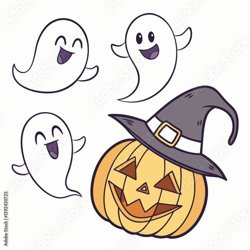 Halloween Ghosts with Classic Jack-o'-Lantern and Witch Hat – Spooky Glowing Face Vector Design