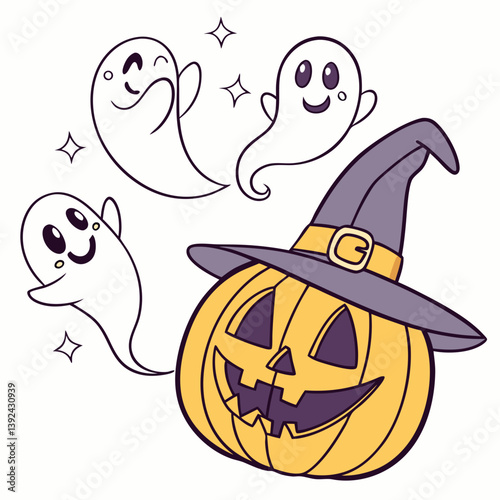 Halloween Ghosts with Classic Jack-o'-Lantern and Witch Hat – Spooky Glowing Face Vector Design