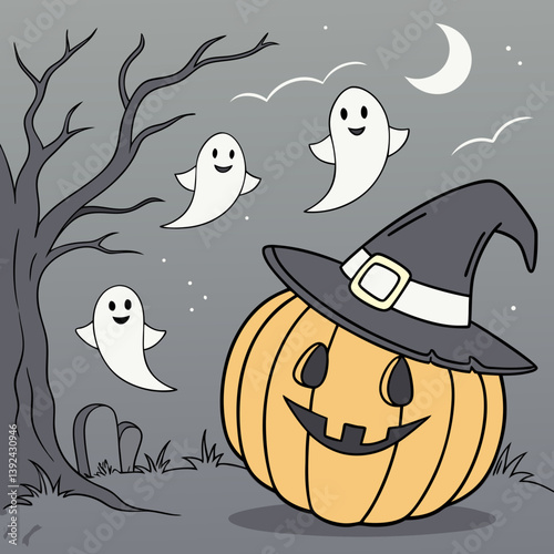 Halloween Ghosts with Classic Jack-o'-Lantern and Witch Hat – Spooky Glowing Face Vector Design