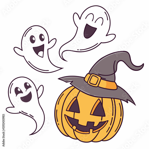 Halloween Ghosts with Classic Jack-o'-Lantern and Witch Hat – Spooky Glowing Face Vector Design