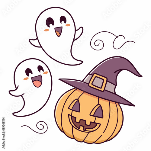 Halloween Ghosts with Classic Jack-o'-Lantern and Witch Hat – Spooky Glowing Face Vector Design