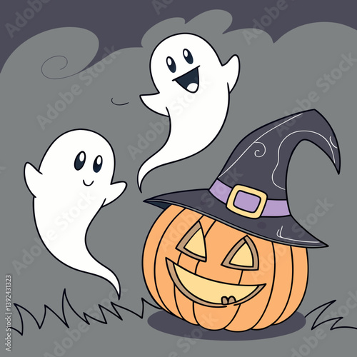 Halloween Ghosts with Classic Jack-o'-Lantern and Witch Hat – Spooky Glowing Face Vector Design