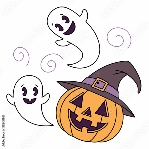 Halloween Ghosts with Classic Jack-o'-Lantern and Witch Hat – Spooky Glowing Face Vector Design
