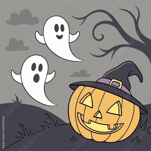 Halloween Ghosts with Classic Jack-o'-Lantern and Witch Hat – Spooky Glowing Face Vector Design