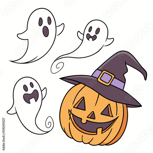 Halloween Ghosts with Classic Jack-o'-Lantern and Witch Hat – Spooky Glowing Face Vector Design