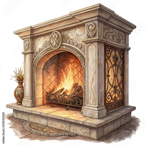 Ornate Stone Fireplace with Carved Columns and Burning Firewood for Classic Interior Decor
