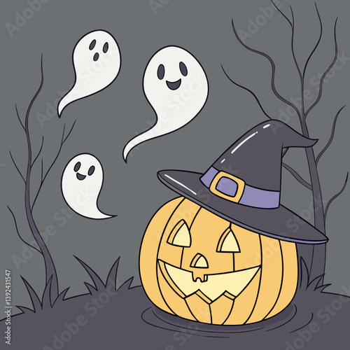 Halloween Ghosts with Classic Jack-o'-Lantern and Witch Hat – Spooky Glowing Face Vector Design