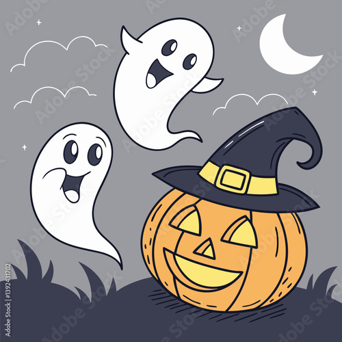 Halloween Ghosts with Classic Jack-o'-Lantern and Witch Hat – Spooky Glowing Face Vector Design