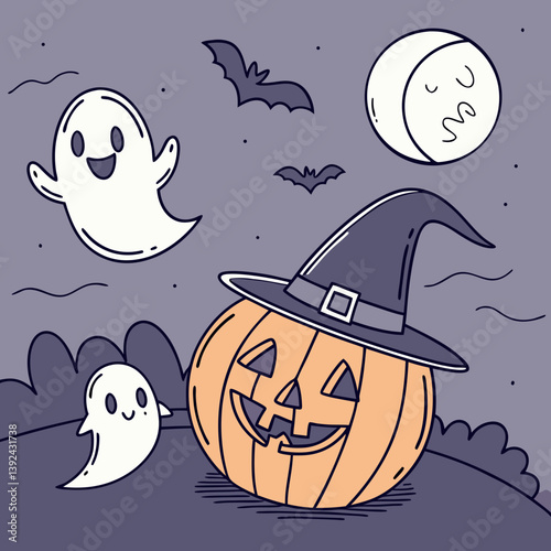 Halloween Ghosts with Classic Jack-o'-Lantern and Witch Hat – Spooky Glowing Face Vector Design