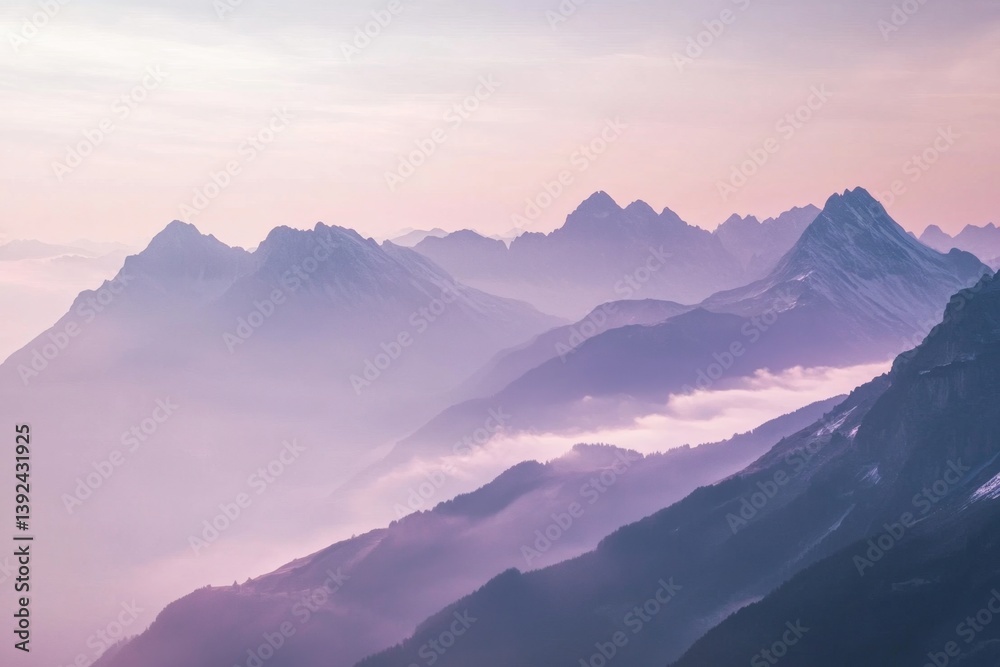 Fototapeta premium Pastel mountain range sunrise view over clouds