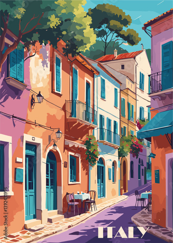 Italy travel destination poster in retro style with old street cityscape colorful vector art illustration
