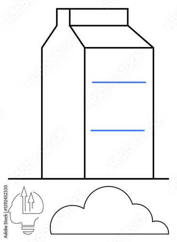 Abstract building with two horizontal lines, head with idea bulb and arrows, and large cloud shape. Ideal for architecture, innovation, technology, creativity, data storage, futuristic planning flat