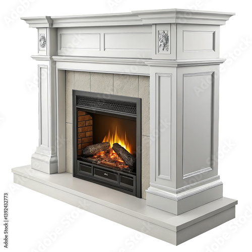Elegant White Fireplace with Clean Lines and Lit Fire for Modern Home Interior