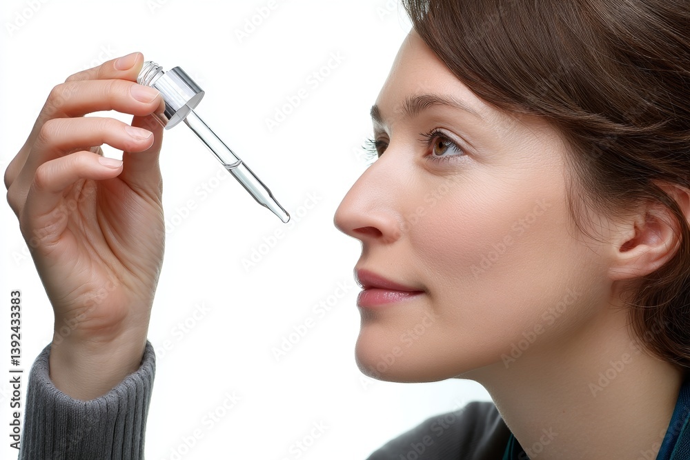 Fototapeta premium A young and beautiful woman is using a pipette to apply face serum as part of her cosmetic facial skin care routine