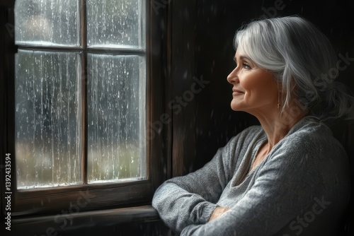 Older woman gazes thoughtfully out the window while it rains in a rustic room Free Download Older woman gazes thoughtfully out the window while it rains in a rustic room - GFXLoad