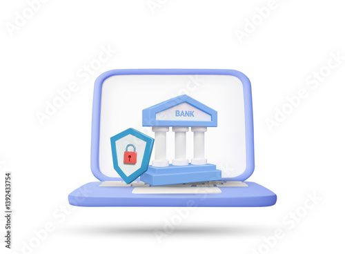 3D illustration vector render of bank icon, notebook, shield with key. Fintech concept, digital finance, financial cyber security, or reliable online banking service. Digital transaction.