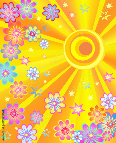Sunny vertical banner with yellow sun and sunburst, colorful flowers and stars for summer disco party