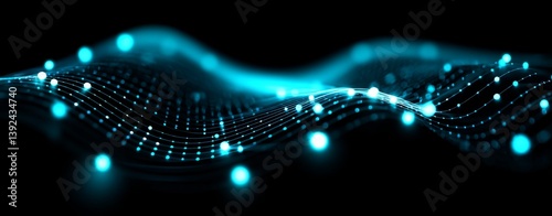 A wave of dots and woven lines set against an abstract blue backdrop, perfect for designs centered around cyberspace, big data, the metaverse, network security, and data transfer on a dark blue