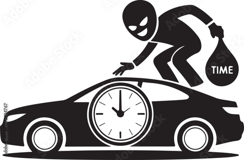 Vector icon of a masked thief stealing time from a car, with a clock integrated into the wheel symbolizing urgency, theft, and loss
