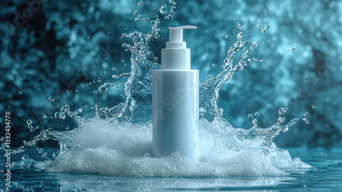 white pump bottle for skincare or cleanser stands amidst splashing water and foam, evoking freshness and purity