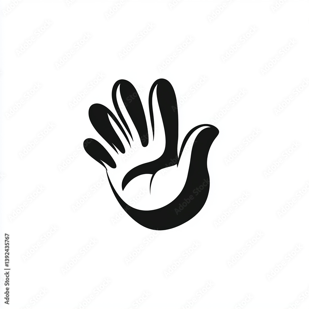 Obraz premium A minimalist, black and white 1950s cartoon logo featuring an upright hand moving in a slap motion. showing motion. motion lines. The background is plain white, giving the logo a clean, modern