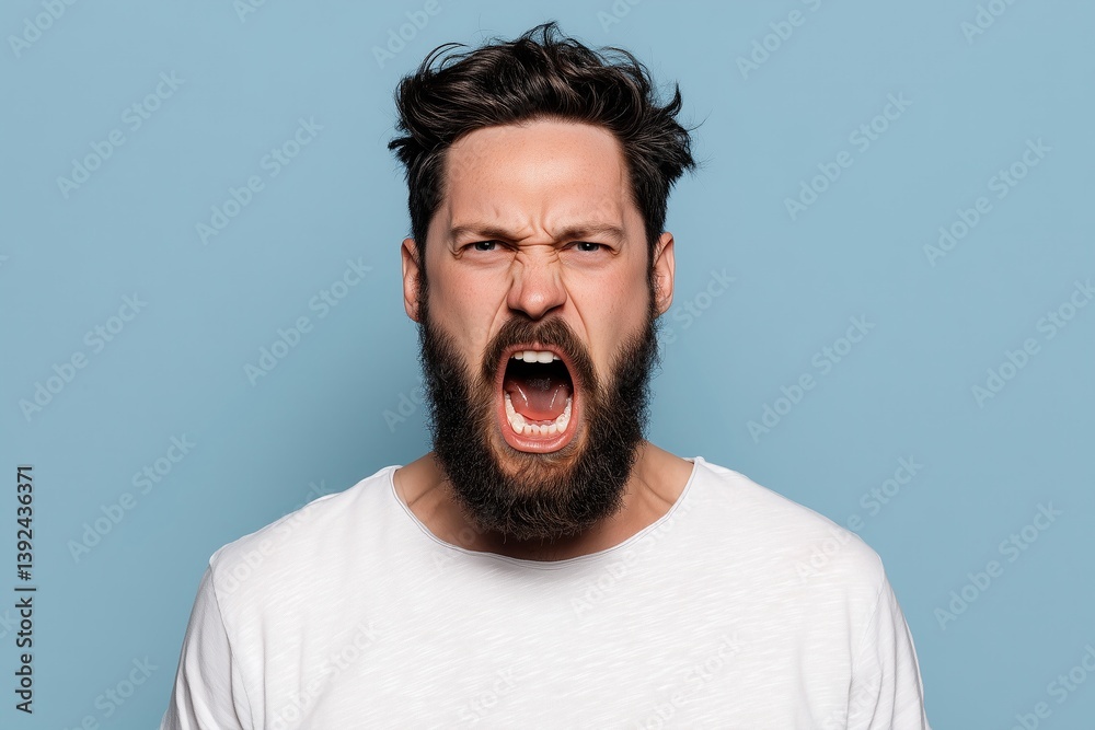 Angry bearded man shouting with open mouth wearing white shirt against blue background Angry bearded man shouting with open mouth wearing white shirt against blue background