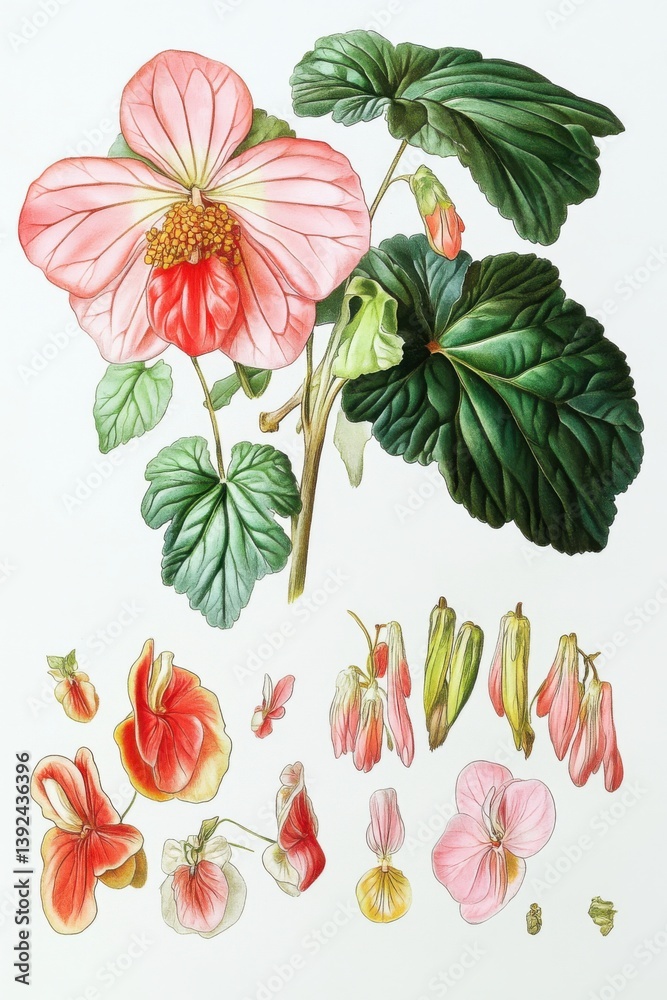 Obraz premium Illustration of begonia plant showcasing its various parts including flowers, leaves, and buds