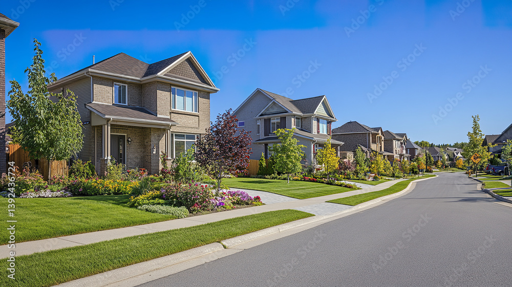Luxury suburban homes with manicured lawns and vibrant flowers line street Luxury suburban homes with manicured lawns and vibrant flowers line street