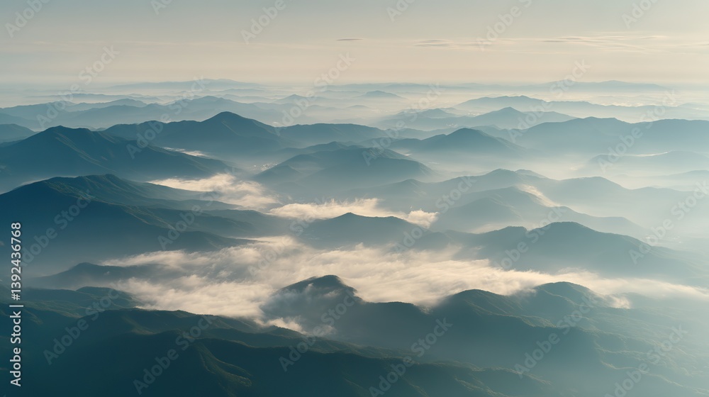 Fototapeta premium Aerial view of the foggy mountains at sunrise. The panorama of cascading mountains and a sea of clouds in the Chinese art style is reminiscent of National Park Award winning photographs.