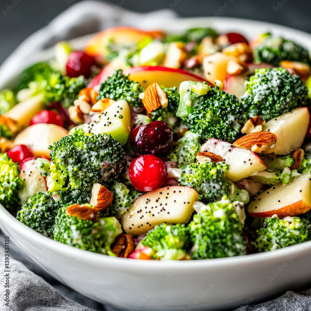 Bowl of salad with broccoli, apples, and nuts Bowl of salad with broccoli, apples, and nuts