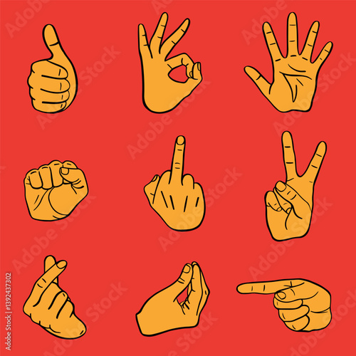 Vector cartoon hands set on red. Yellow hand gestures – thumbs up, OK, fist, peace, finger heart, Italian sign, middle finger, pointing. Bold pop art style for emoji, stickers, UI, comics, design