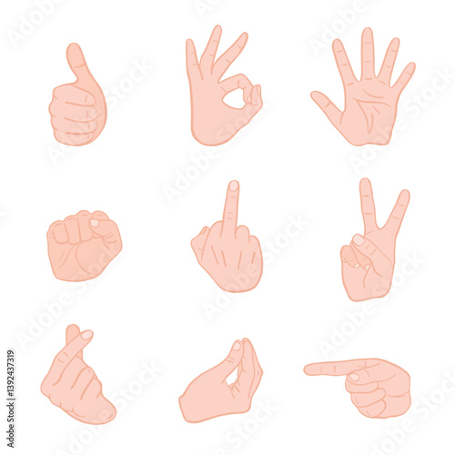 Hand gestures vector set, cartoon style. Thumbs up, OK, peace, fist, pointing, Italian gesture, heart sign, middle finger. Perfect for emoji, UI, stickers, comics, design, communication, emotions
